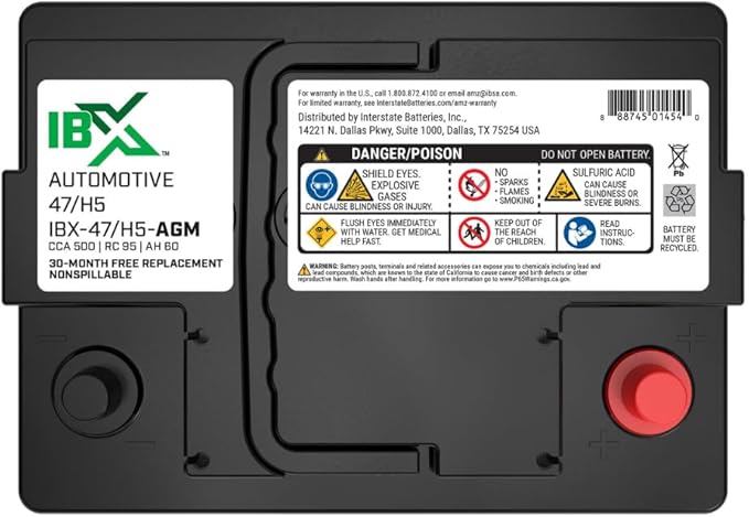 Interstate Batteries IBX Automotive Battery 12V 60Ah (Group Size H5, 47) 650CCA SLI AGM Auto Replacement Battery for Cars, SUVs, Sedans, Trucks (IBX-47/H5-AGM)