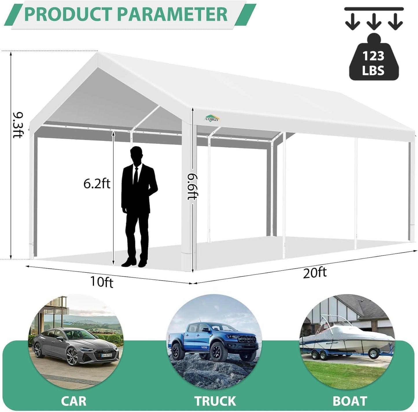COBIZI Carport 10x20ft Heavy Duty Portable Garage, 2.0 Powder Coated Frame(Better Than Galvanized), Waterproof Shelter with Built-in Sandbags, for Car/Boat/SUV, White