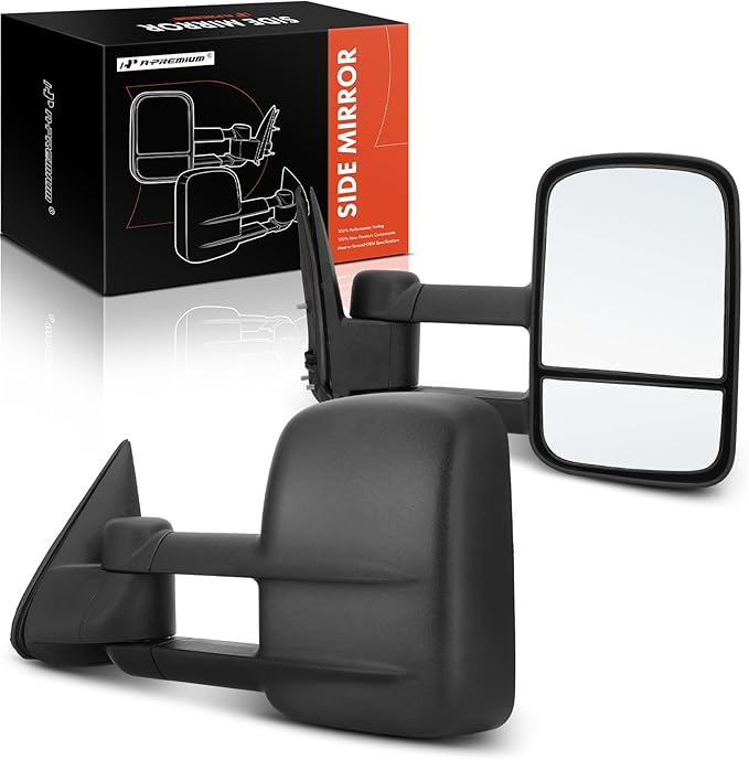 A-Premium Pair (2) Towing Mirrors Compatible with Chevy Silverado, Tahoe, Suburban, Avalanche & GMC Sierra 1500 2500 3500 HD, Yukon XL - 1999-2007 - Non-Heated Manual Glass Adjust Telescoping Folding