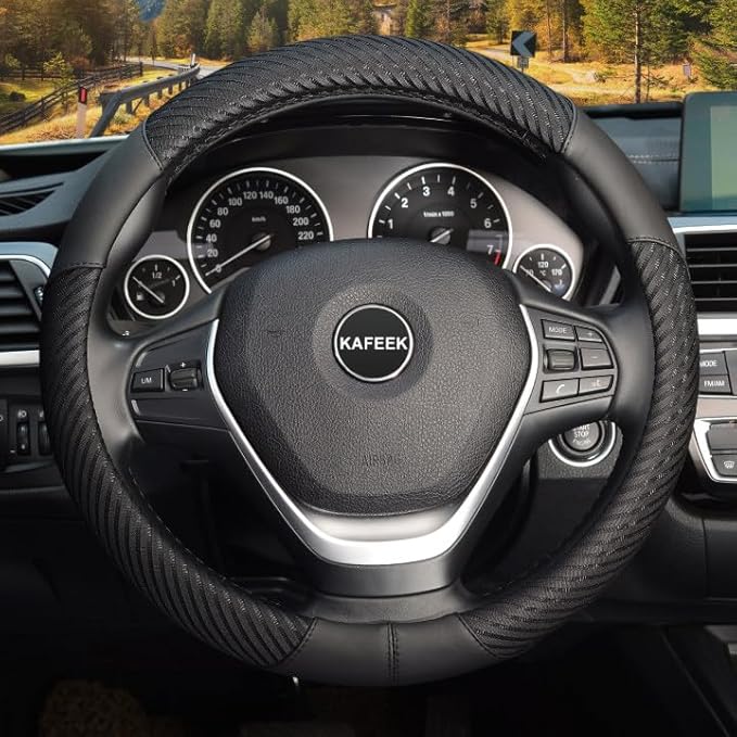 KAFEEK Steering Wheel Cover, Universal 15 inch, Microfiber Leather Ice Silk, Breathable, Black