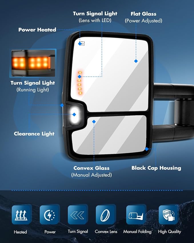 ECCPP Towing Mirrors Tow Mirrors With 1999-2002 For Chevy Silverado For GMC Sierra 1500/2500/3500 Power Adjusted Heated Led Turn Signal Width Light Black Pickup