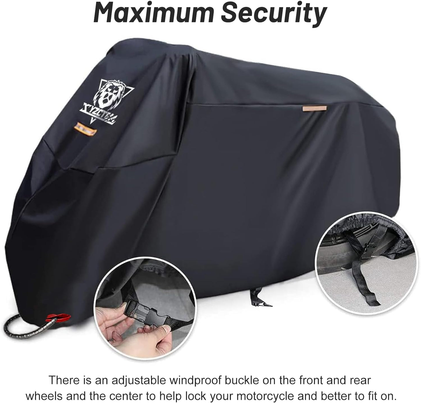 XYZCTEM Motorcycle Cover -Waterproof Outdoor Storage Bag, Made of Oxford Material Fits up to 87 inch, Compatible with Harley Davison and All Motors (Black& Lockholes& Professional Windproof Strap)