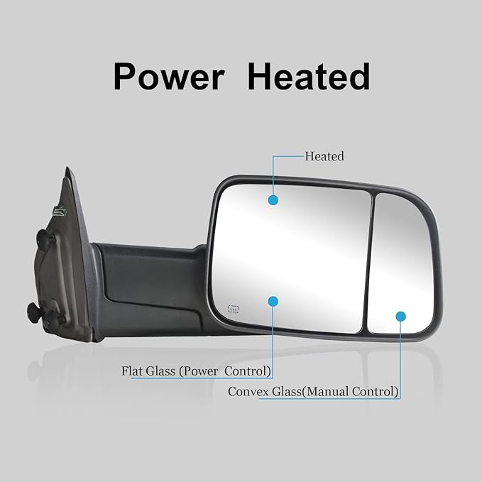 WLLW Towing Mirrors fit for 2009 2010 2011 2012 2013 2014 2015 2016 2017 2018 Dodge Ram 1500 2500 3500 Pickup with Power Adjusted Heated Turn Signal Light Temperature Sensor Puddle Lamp Black Cap