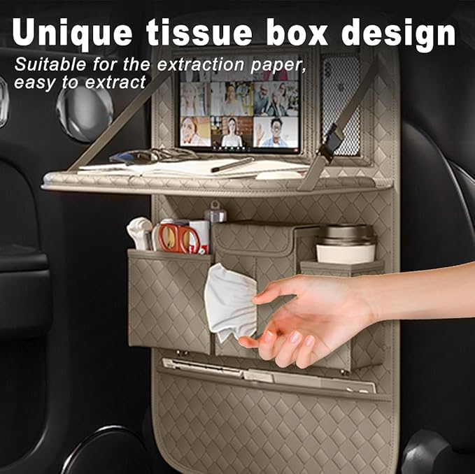 Car Seat Organizers,Multi-functional Back Seat Protectors, Storage Pouches, and Tray Holders (for Cars, Kids, Seat Back and Rear Seats) (Woven Beige, 2 Pcs)