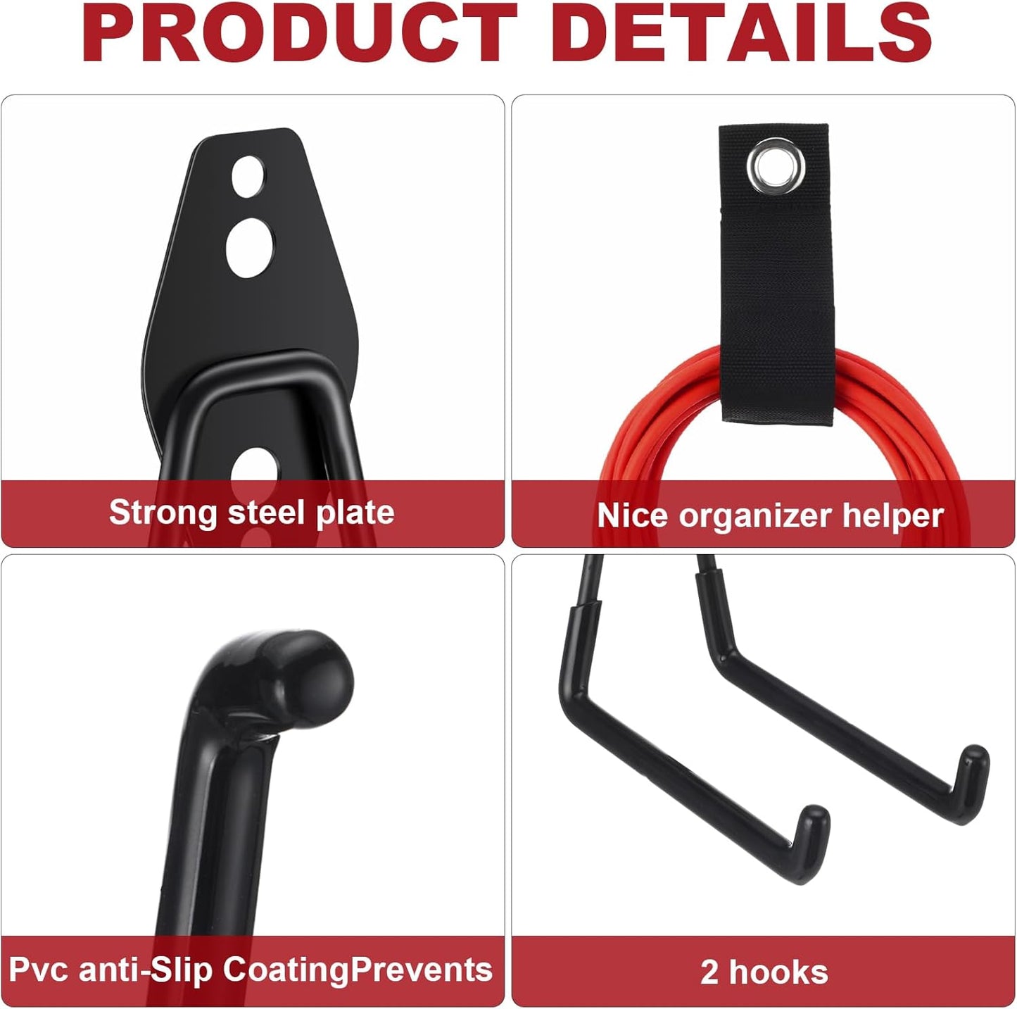 Landhoow 20 Pack Garage Hooks Set Include 12 Pcs Steel Garage Hooks Heavy Duty and 8 Pcs Extension Cord Organizers Utility Wall Mount Storage Hanger for Hanging Bike Garden Lawn Tool Ladder (Black)