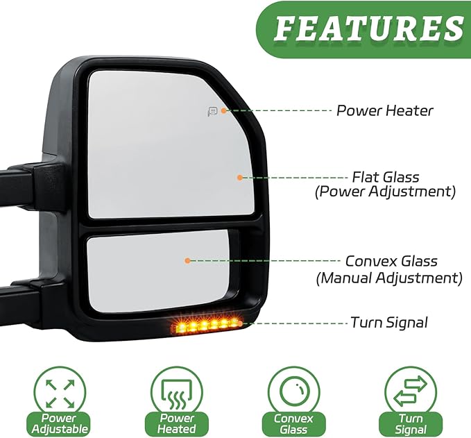 PZ Towing Mirrors Driver & Passenger Pair Set For 08-16 F250/F350/F450/F550 Super Duty Black Cap Power Heated With Smoke Signal Light
