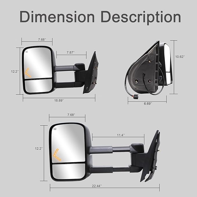 WLLW Towing Mirrors fit for 2007-2014 Chevy Silverado 1500 2500 3500 Suburban GMC Sierra Yukon with Power Heated LED Arrow Signal Light Manual Folding Telescoping Black Cap