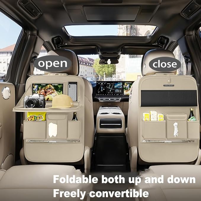 GMQ Back Seat Car Organizer 1 Pack,Backseat Organizer with Tray,Multifunctional Car Seat Back Storage Box with Foldable Tablet Holder (Beige, Plain weave)