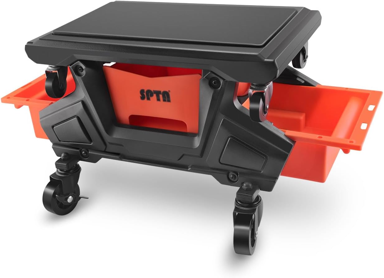 SPTA Automotive Mobile Rolling Mechanics Stool - Heavy Duty Roller Creeper Seat Soft Rubber Cushion Brake Wheels Storage Drawers Tray Roller Seat for Home DIY Garage Car Detail, 330lb Load Bear -PT161