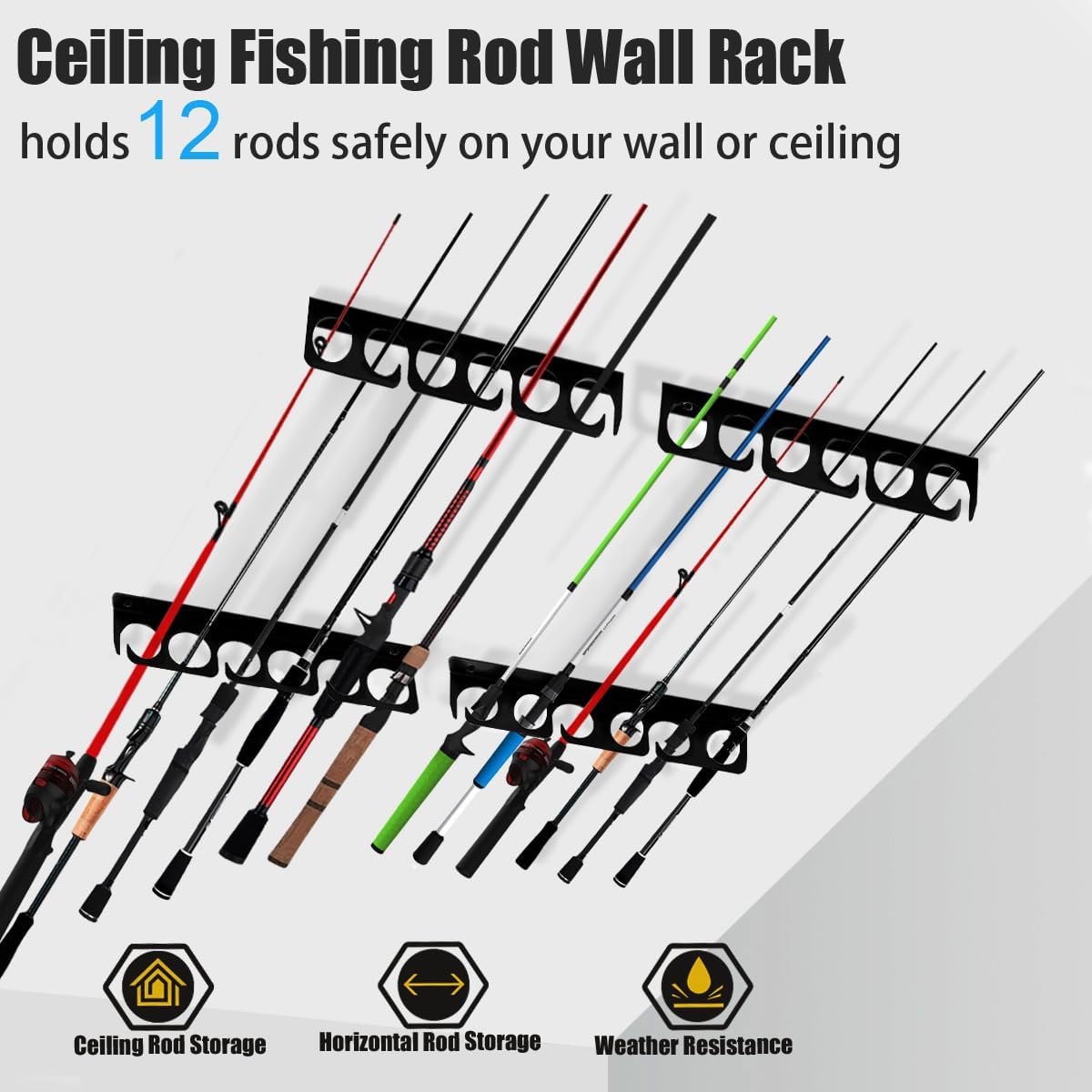 Fishing Rod Rack Pole Wall or Ceiling Storage Holder Hook Keeper Display Hanger Organizer Mount for Garage, Cabin Storeroom Porch and Basement Poles Holds 12 Rods Heavy Duty Metal safe