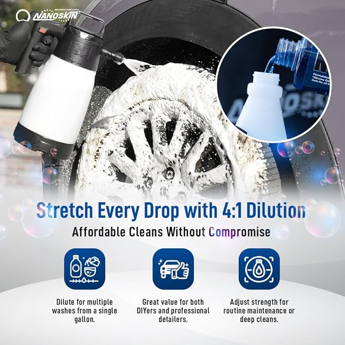 Nanoskin NON ACID Professional Wheel & Tire Cleaner 16 oz – Works with Tire Brush | Car Wash Cleaning Spray for Car Detailing | Removes Brake Dust, Oil, Dirt, Light Corrosion