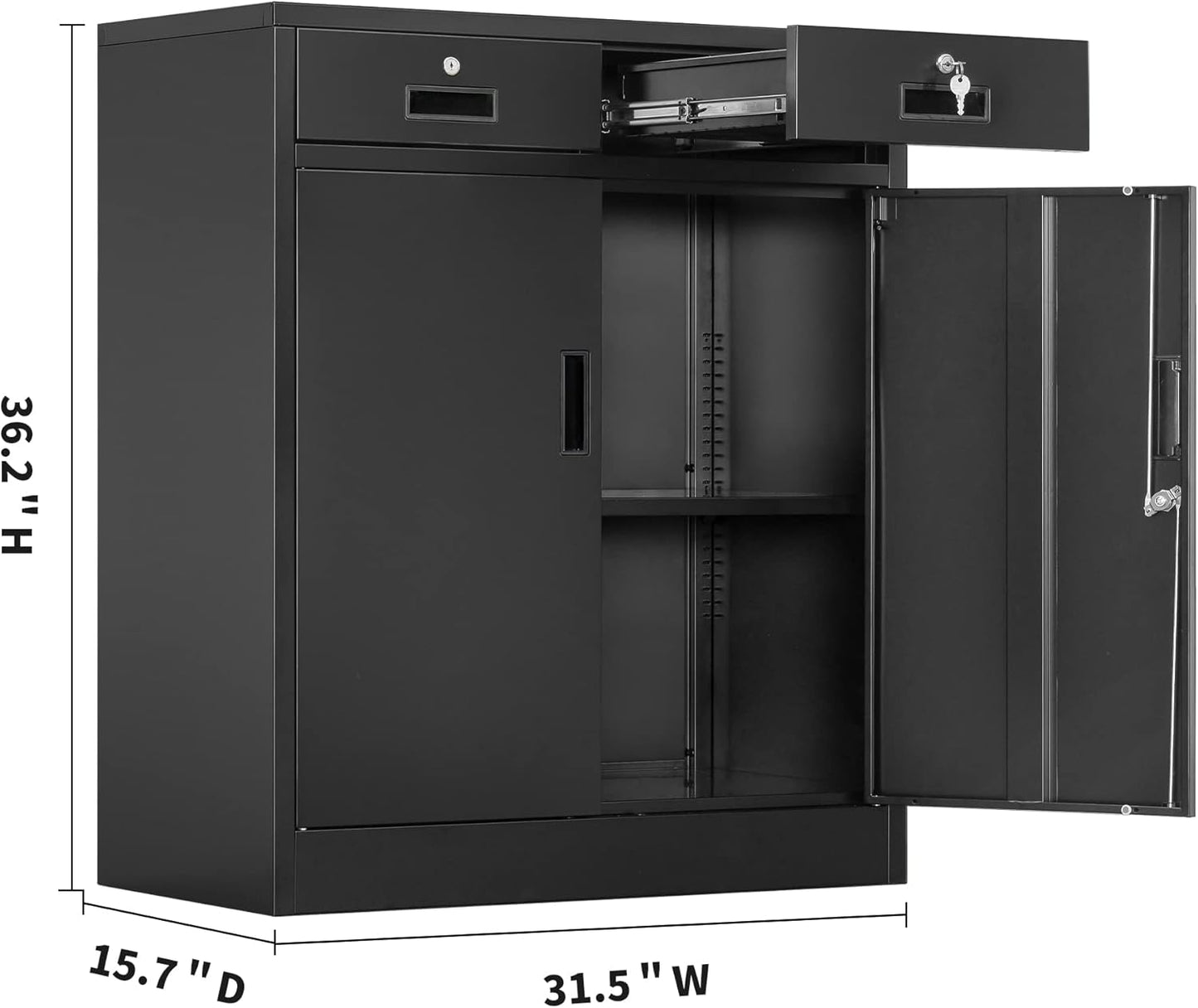 Metal Storage Cabinet, 36" H Locking Storage Cabinet with Two Drawers and Adjustable Shelf, Metal Cabinets for Office, Garage, Home-Black