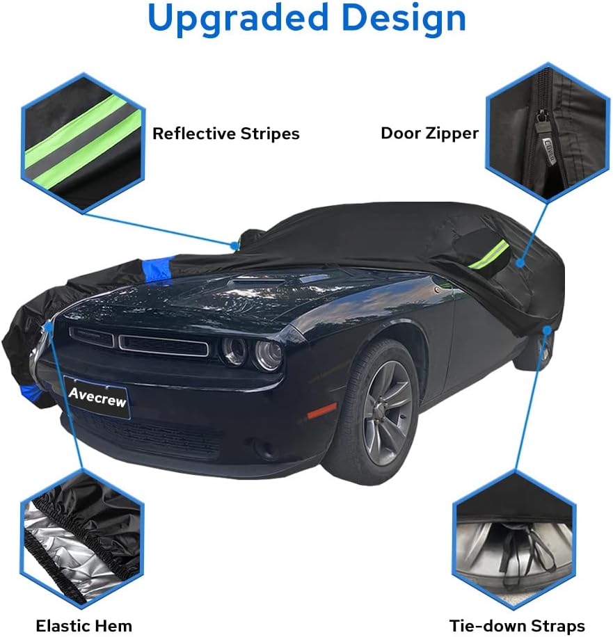 Avecrew Dodge Challenger Car Cover Waterproof All Weather for Automobiles, Outdoor Full Exterior Covers Fit 2008-2025 Dodge Challenger with Windproof Strap and Driver Door Zipper