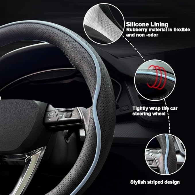 Leather Steering Wheel Cover， with Anti-Slip Stripe Design - Enhanced Grip, Fashion Style, Safe, Non-Slip, Breathable. Upgrade car Interior，Black Blue