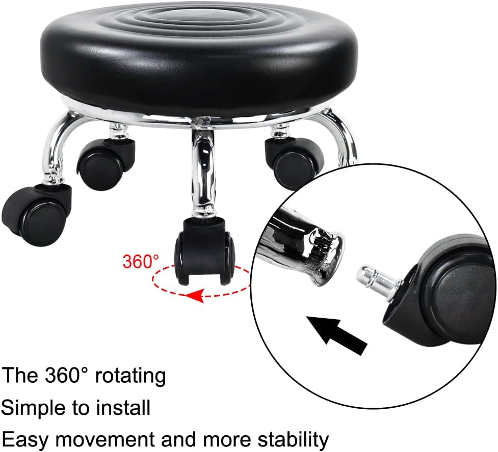 Modern Roller Seat PU Leather Low Round Rolling Stool 360 Swivel Small Stool with Universal Caster Wheels for Home Office, Garage, Shop, Fitness, Sport (H: 8.4' Black)