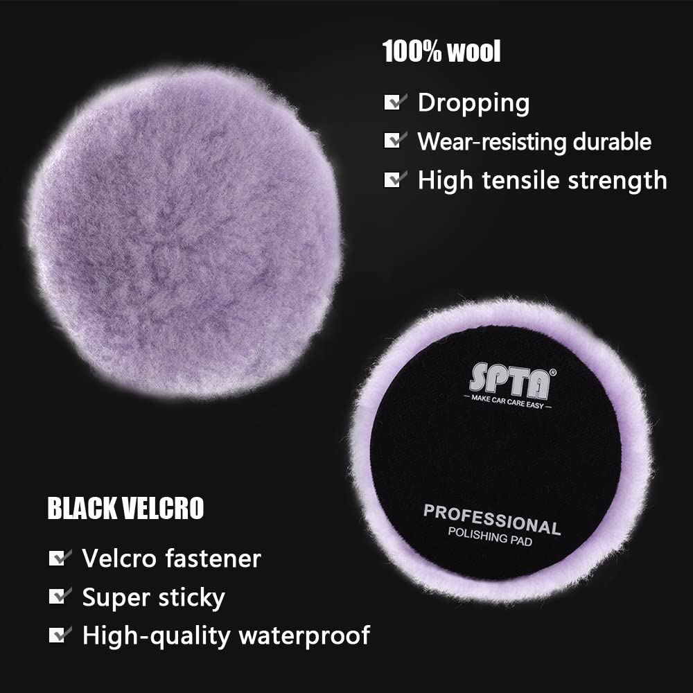 Wool Polishing Pads, SPTA 2Pcs 5Inch (125mm) Wool Cutting Pad, Purple Wool Buffing and Polishing Pad Set, Wool Buffing Wheel for Heavy Cut for 5Inch (125mm) Car Polisher Polishing, Buffing and Cutting