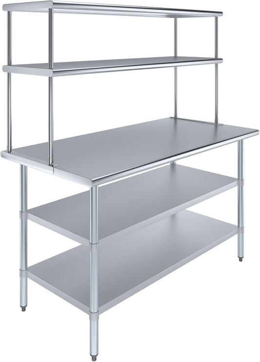 Amgood Stainless Steel Work Table with 2 Shelves | Metal Kitchen Prep Table & Shelving Combo (30" x 60" Table with 2 Shelves + 18" Overshelf)