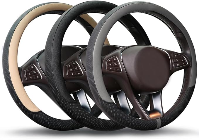 COFIT Breathable Car Steering Wheel Cover 15 inch Auto Universal Leather Wrap Non-Slip Steeringwheel Protector Automotive Interior Accessories, Grey (Suit for 14.5-15 inch)