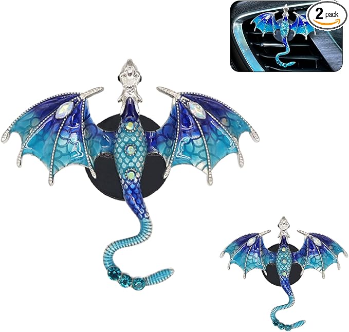 Bling Wyvern Car Air Freshener Vent Clips,2pcs Alloy Blue Enamel Dragon Vent Clips Car Accessories,Refillable Car Diffuser with Felt Mads,Coffee Fragrance Tablets