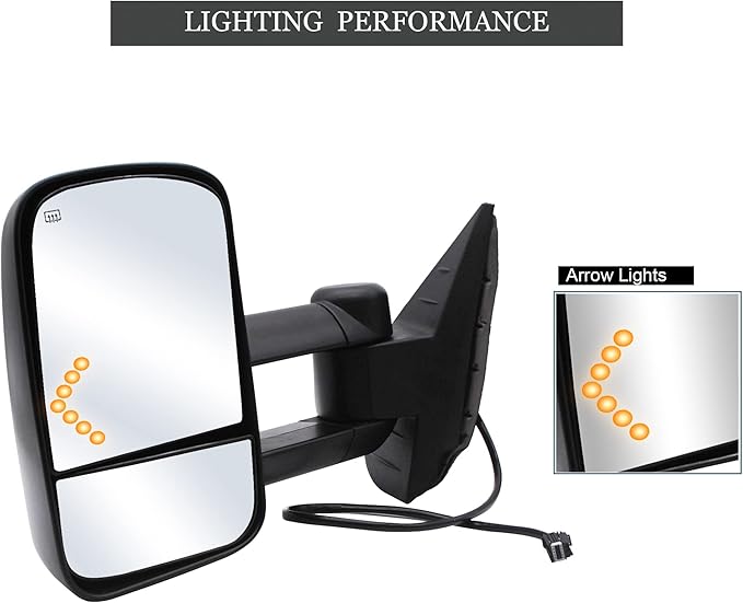 ReYee Towing Mirrors for 2007-2014 Chevy Silverado 1500 2500 3500 Tahoe Suburban GMC Sierra Yukon Tow Mirror with Power Adjust Heated LED Arrow Signal Light Manual Folding Telescoping Black Cap LH RH