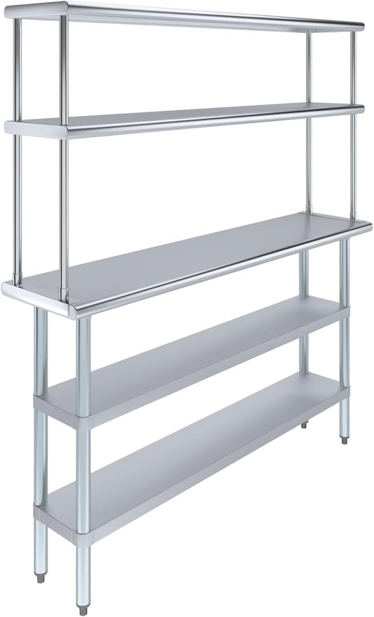 Amgood Stainless Steel Work Table with 2 Shelves | Metal Kitchen Prep Table & Shelving Combo (14" x 60" Table with 2 Shelves + 12" Overshelf)