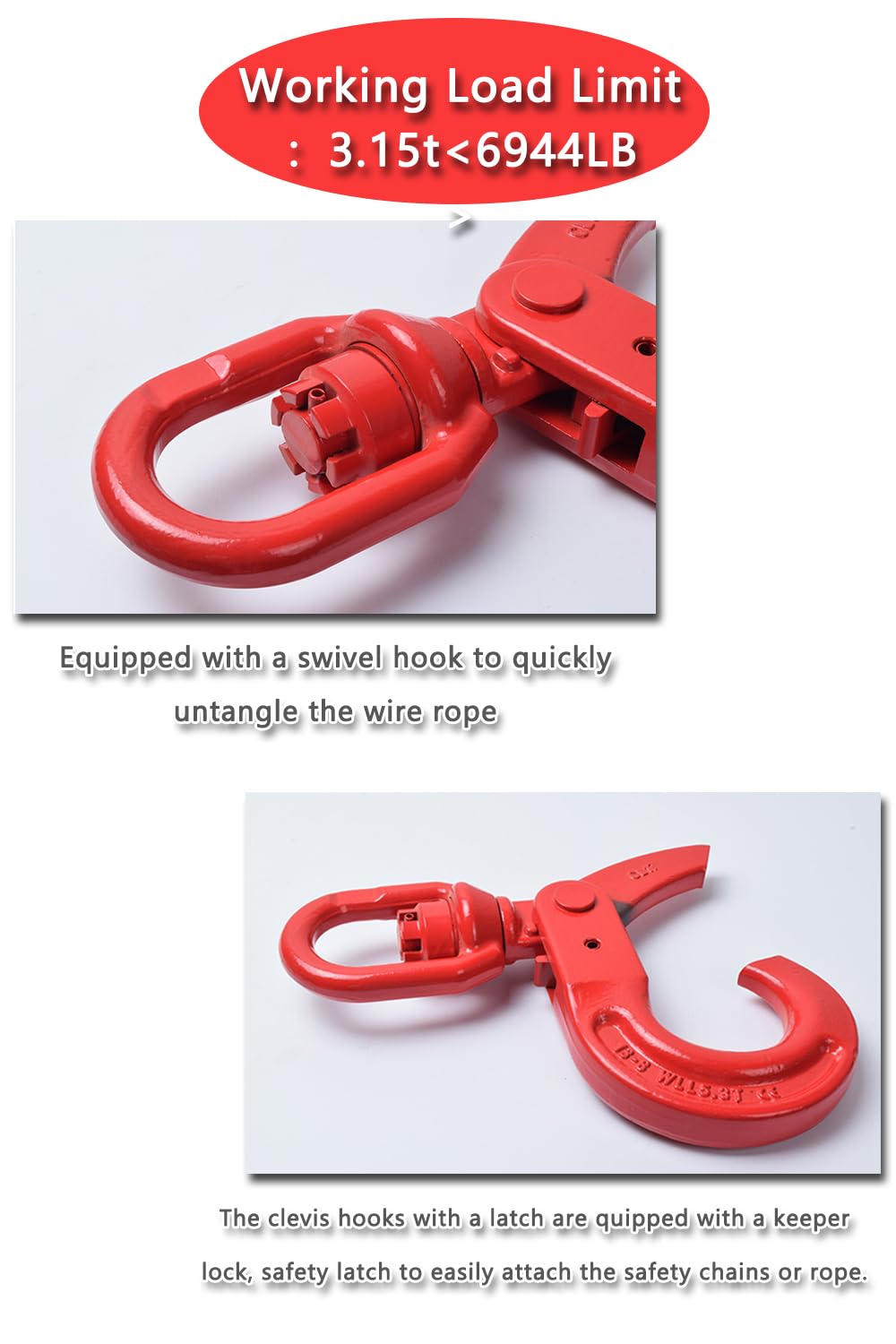 Swivel Self-Locking Hook 6944 lbs Grade 80 Swivel Self Locking Hook Heavy Duty Swivel Lifting Hook Swivel Lifting Hook Hoist Hook Sling Heavy Cargo 【3.15ton】