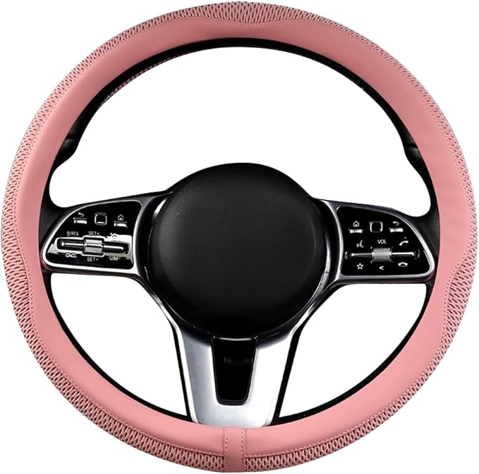 LKWLIKEI Car Steering Wheel Cover, Universal 15 inch, The Latest Microfiber Leather Breathable Technology Fabric, Non-Slip, Comfortable, Warm in Winter and Cool in Summer,Pink