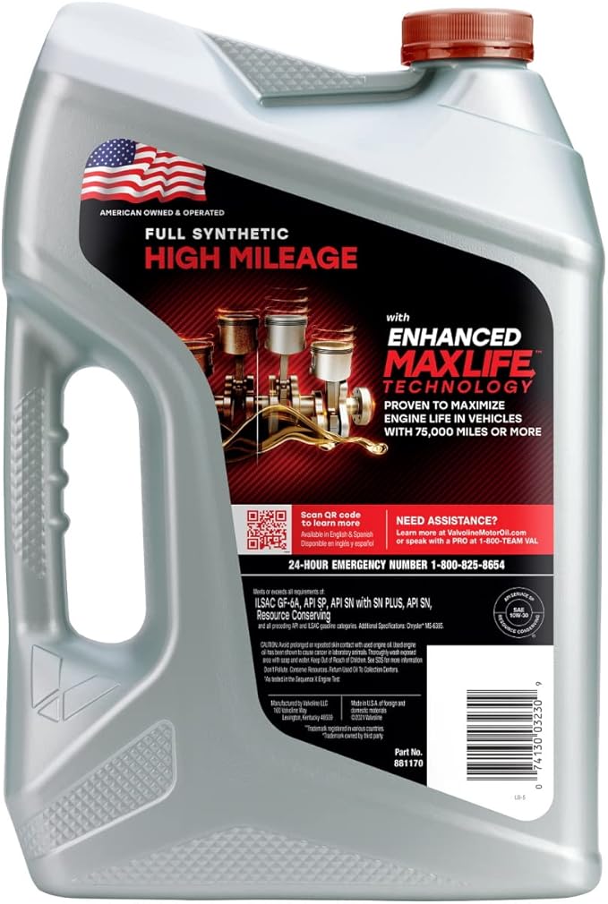 Valvoline Full Synthetic High Mileage with MaxLife Technology SAE 10W-30 Motor Oil 5 QT (Pack of 2)
