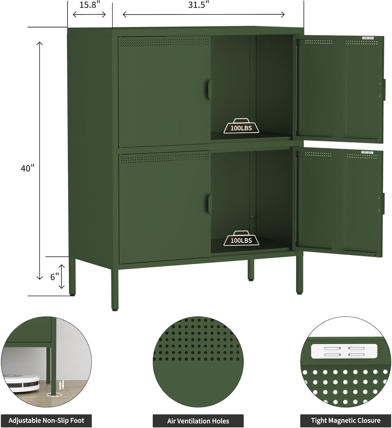 Metal Locker Storage Cabinet with 4 Doors and 3 Shelves，39.96" Tall Steel Office Storage Cabinet for Office,Home,Garage,Gym,School