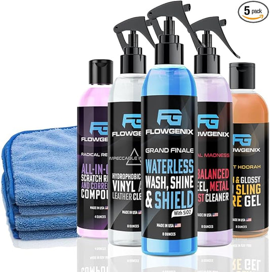 Grand Slam 5-Pack - Waterless Car Wash Detailing Spray, Tire Shine Gel, Scratch Remover, Wheel Metal Rust Cleaner, Interior Cleaner & Protector, 2 Microfiber Towels