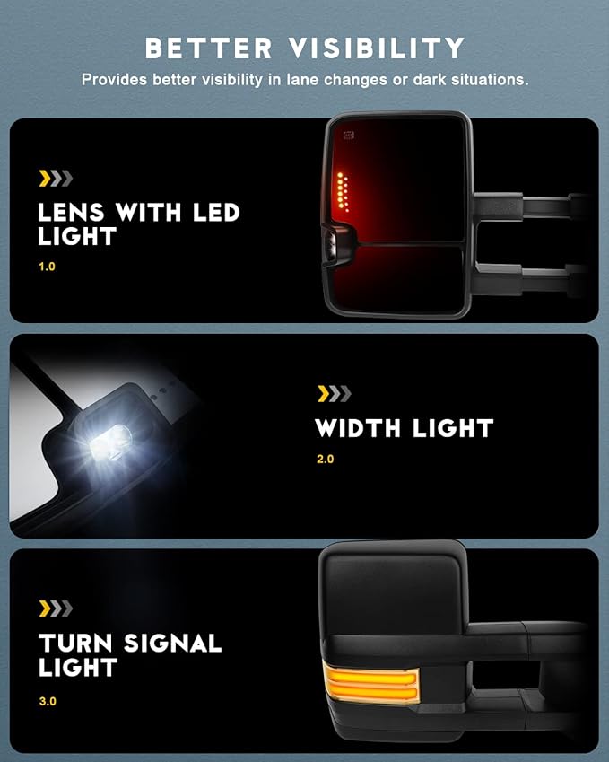 OCPTY Towing Mirrors With Power Heated Left Right Side Tow Mirrors Compatible With For Chevy Silverado Pickup New Body Style Models 2007 For Chevy For Gmc 2007-2014 With Running Lights Lights