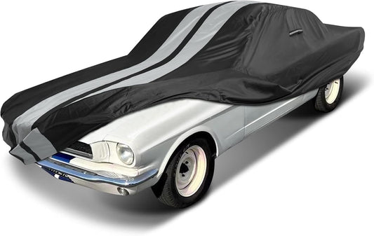 iCarCover Custom Car Cover for 1964-1968 Ford Mustang Waterproof All Weather Rain Snow UV Sun Protector Full Exterior Indoor Outdoor Car Cover (Stripe - Black/Gray)
