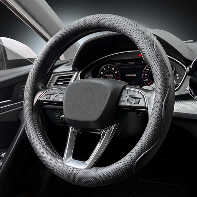 LKWLIKEI Nappa Premium Leather car Steering Wheel Cover, Non-Slip, Breathable, Universal 15 inches