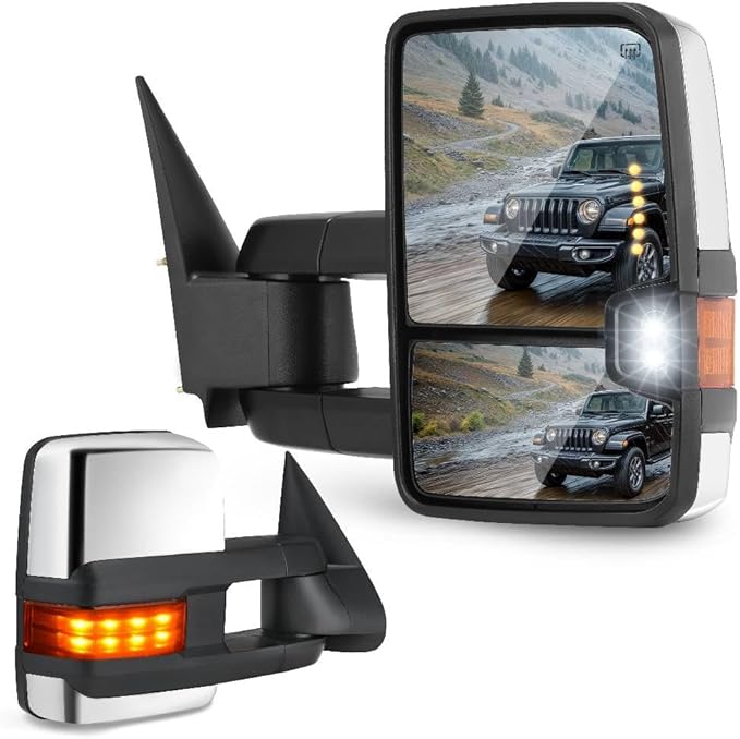 DWVO Towing Mirrors Compatible with 03-06 Silverado GMC Tahoe Sierra Suburban Avalanche, 03-06 Yukon XL Denali Escalade, LED Arrow Turn Signal Chrome Heated Adjustable Power