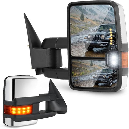 DWVO Towing Mirrors Compatible with 03-06 Silverado GMC Tahoe Sierra Suburban Avalanche, 03-06 Yukon XL Denali Escalade, LED Arrow Turn Signal Chrome Heated Adjustable Power
