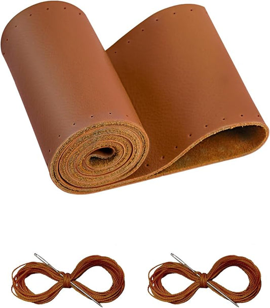 BELINOUS Leather Steering Wheel Cover Lace Up, Stitch On Wrap, Universal Fit 13-20 inch Car Truck SUV Pickup Boat, A Whole Piece of Cowhide, DIY Stitch w/Needle Thread (Size XL1, Brown)