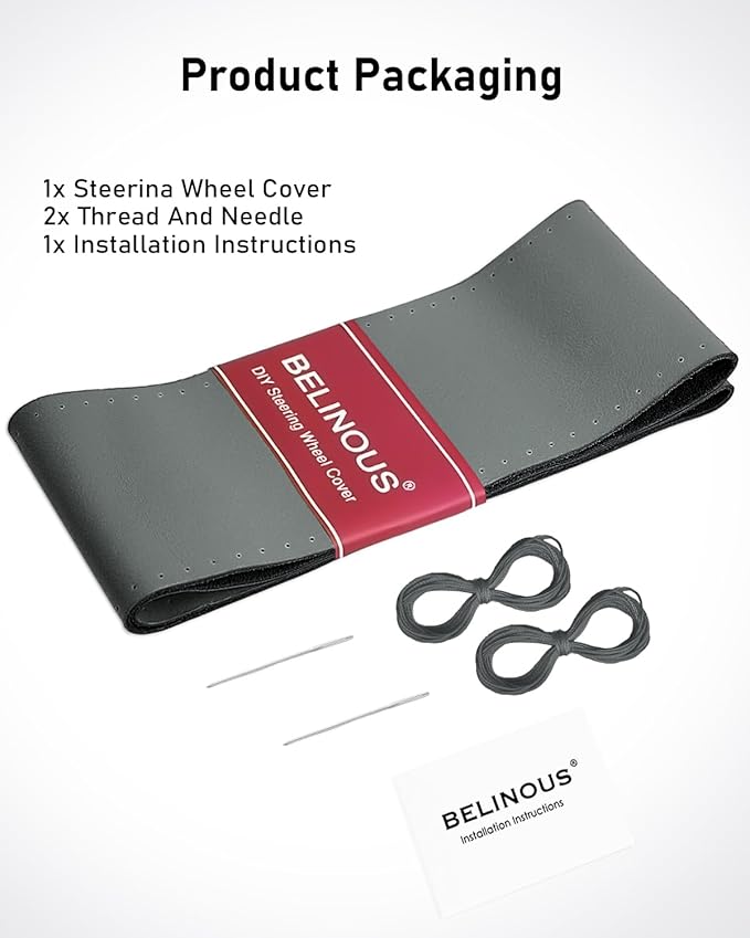BELINOUS Leather Steering Wheel Cover Lace Up, Stitch On Wrap, Universal Fit 13-20 inch Car Truck SUV Pickup Boat, A Whole Piece of Cowhide, DIY Stitch w/Needle Thread (Size XXL1, Gray)
