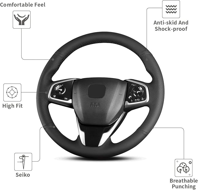 Hand Sewn Microfiber Leather Steering Wheel Cover on Wrap,Fit for Honda Civic 10th 2016-2021 / CR-V 2017-2021 / Clarity 2016-2018 / Breeze 2020-2021 / Crider 2019-2020 / Envix 2019-2020