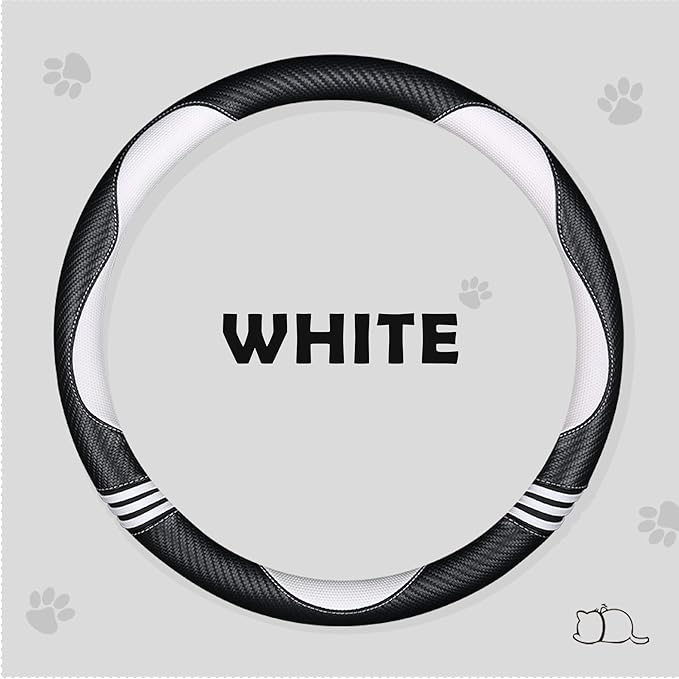 Car Steering Wheel Covers for Women Padded Carbon Fiber PU Leather Cute Auto Interior Accessories for Vehicle, Sedan, Universal, Anti Slip, White, Standard Size 14.5-15"(37-38cm)