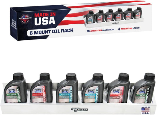 Pit Posse 304 Six Quart Oil Can Rack Holder 32" Caddy Wall Hanger Aluminum Shelf - Made in USA - Holds 6 Quarts of Motor Engine Oil - Enclosed Race Trailer Shop Garage Storage Organizer (Silver)