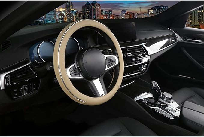 Car Steering Wheel Cover, Microfiber Leather Wheel Cover, Bright Strip Cute Steering Wheel Cover Universal 14.5-15 inch Car Accessory, Breathable, Anti-Slip, Warm in Winter and Cool in Summer