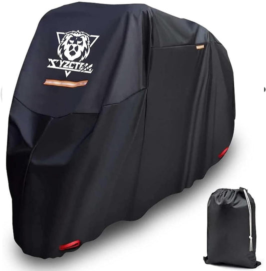XYZCTEM Motorcycle Cover -Waterproof Outdoor Storage Bag, Made of Oxford Material Fits up to 87 inch, Compatible with Harley Davison and All Motors (Black& Lockholes& Professional Windproof Strap)