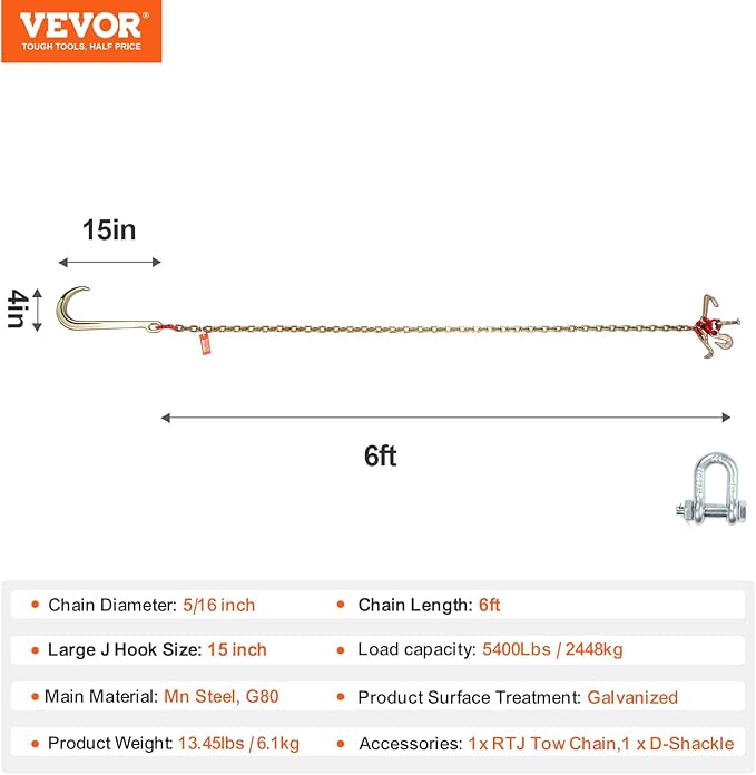 VEVOR J Hook Chain, 5/16" x 6' G80 15" Long Shank J Hook Tow Chain with RTJ Cluster Hook & Grab Hook, 5400 lbs Safe Working Load, Heavy Duty Transport Truck Chain for Wrecker Recovery Trailer Towing