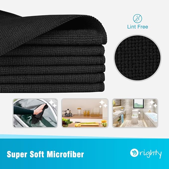 Orighty Microfiber Cleaning Cloth, 12 Pack Microfiber Towels for Cars, Highly Absorbent Car Cleaning Supplies, Lint Free Cloths Clean Rags for Car Care, House, Kitchen, 12x12 inch, Black