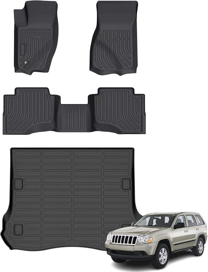 Floor Mats & Cargo Liner for Jeep Grand Cherokee 2005-2010, All Weather Automotive TPE Floor Liners Set Waterproof Accessories Black