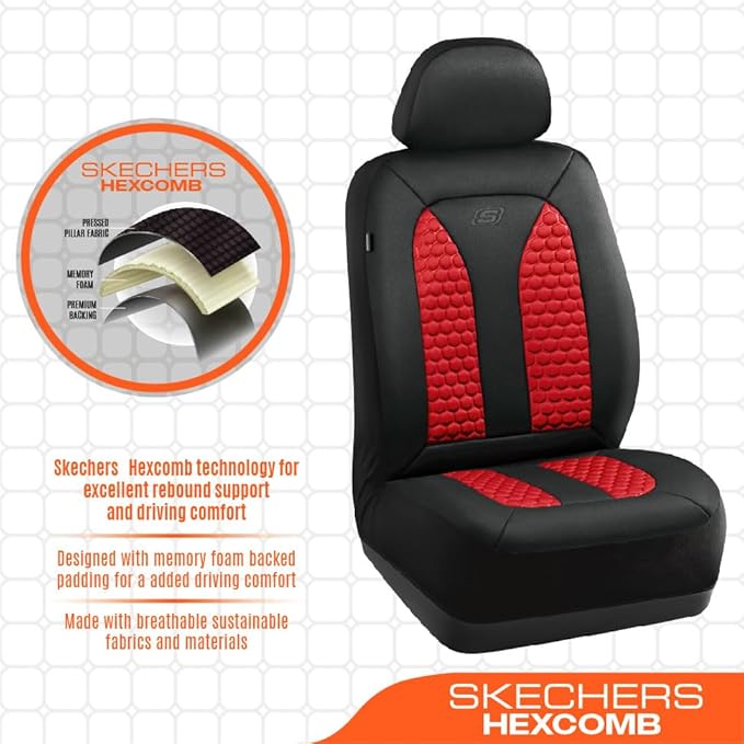 Skechers Memory Foam™ Car Seat Cover Full Sets, Hexcomb Breathable Thick Seat Covers, Airbag Compatible, Automotive Comfort & Protection for Most Cars,Van,Trucks, SUVs (Red,Full Set)