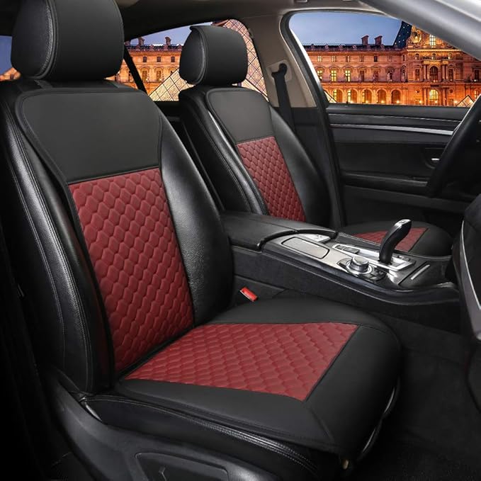 Black Panther 1 Pair Car Seat Covers, Universal PU Front Car Seat Protectors, Non-Wrapped Bottom with Partial Backrest Coverage (Middle Part Only) (Black+Burgundy)