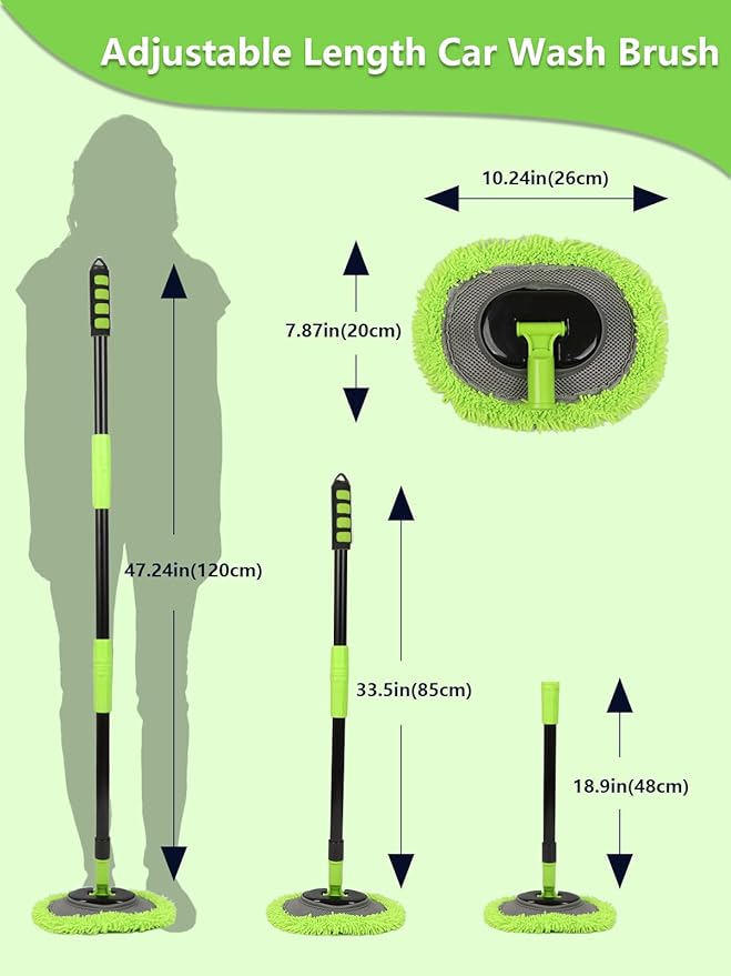 Curved Car Wash Brush Mop 47" with Long Handle Sturdy Metal Pole 3 Grip Points Washing Wand Auto Cleaning Tool Kit Scratch-Free Chenille Microfiber Soft Duster for Cars RV SUV Truck Caravan Van Window