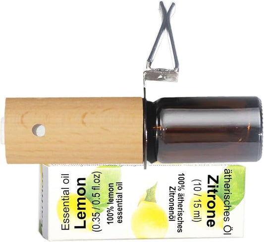 Refillable Lemon Car Scent 30 Days’ Odor Fighting Non-toxic Strong Natural Fresh Fragrance, Vent Clip Wood Diffuser & Pure Essential Oils Auto Air Freshener (1x Beech Diffuser + 10ml Oil)