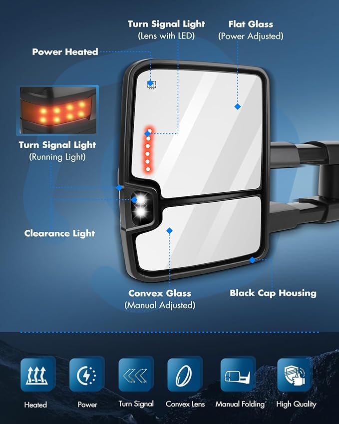 ECCPP Towing Mirrors Pair Side Replacement Fit For 2003-2007 For Chevy For Silverado For GMC For Sierra Power Heated Signal Light Width Light Chrome Cap Left And Right Side Tow Mirrors